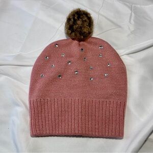 Angel Face Pink Knit Beanie with Faux Fur Pom & Star Accents